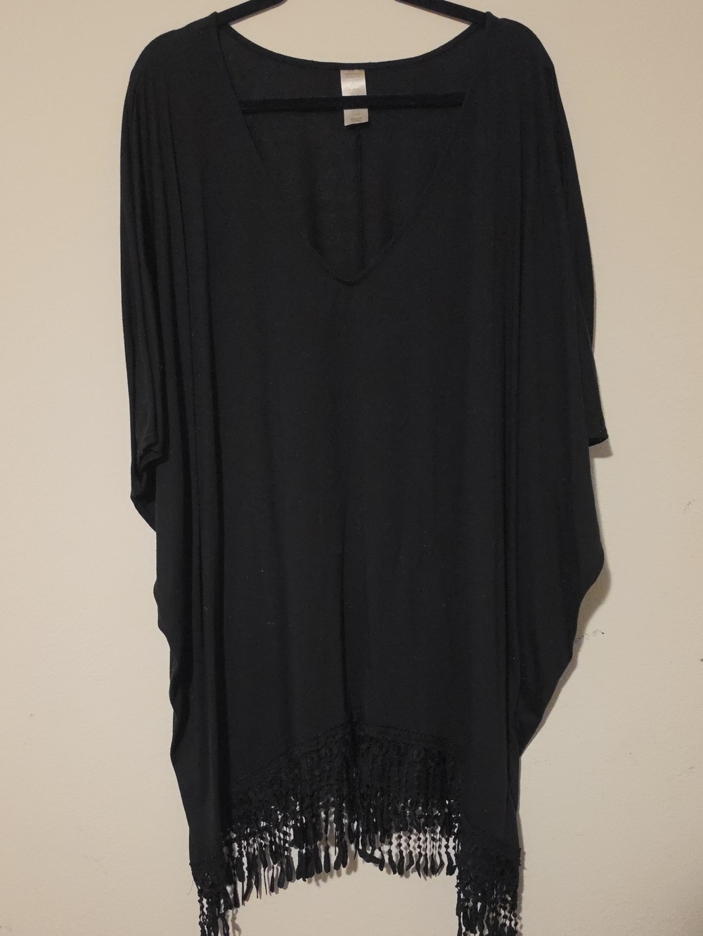 Black V-Neck Fringe Swim Cover